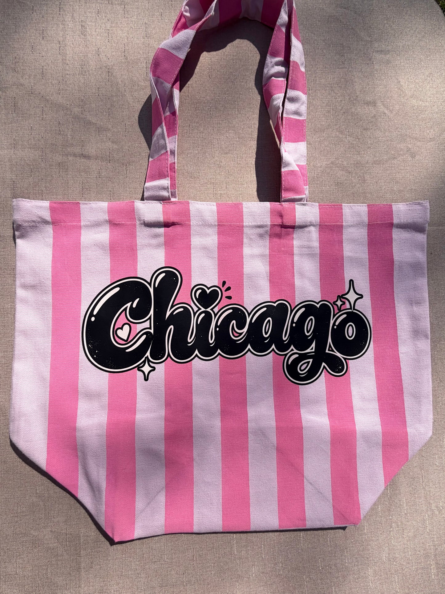 Chicago Pink Stripe Tote Bag